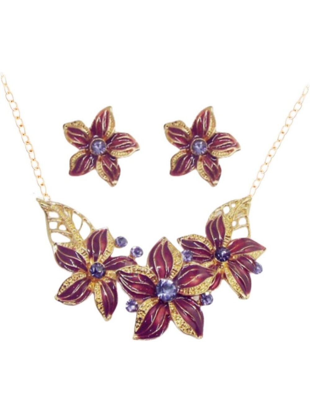 Women’s Wine Red Rhinestone Crystal Flower Necklace Earrings Jewelry Set Fashion